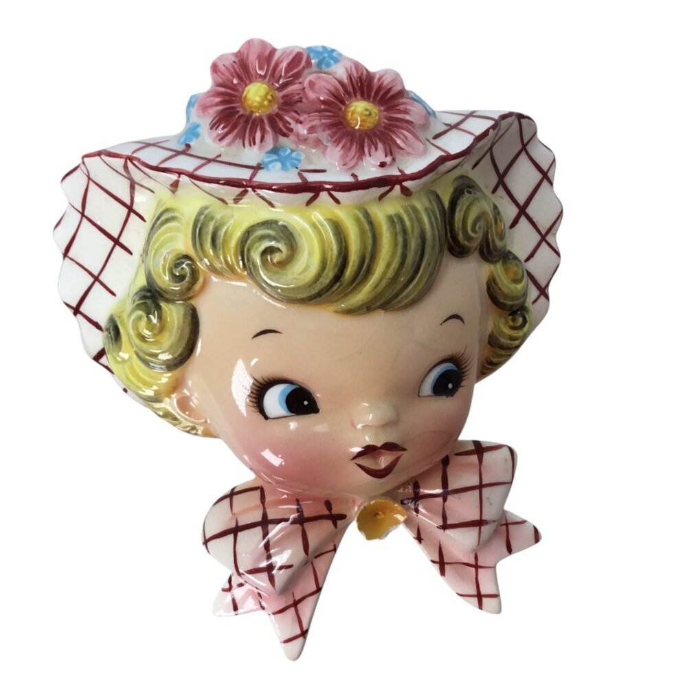 Lefton 6767 Miss Dainty Wall Pocket 1956 Vintage Vase HTF Blond Girl Bonnet Bow - Picture 2 of 9